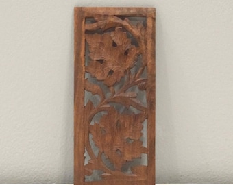 Indian Hand Carved Teak Wood Screen Panel Piece Geometric Floral Design