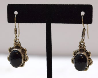 Earrings Sterling Silver Flower Black Onyx Stone 42mm