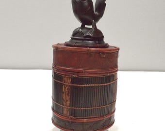 Basket Indonesian Palm Leaf Container Animal Wood Carving Top