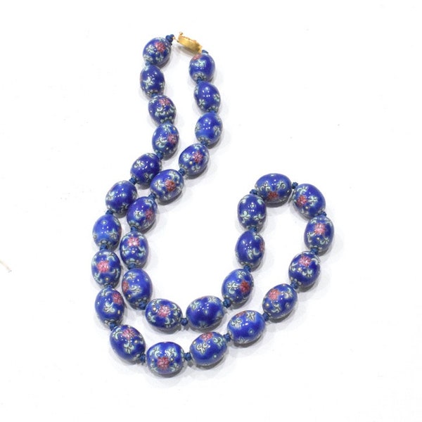 Chinese Porcelain Blue Floral Necklace Bead Strand