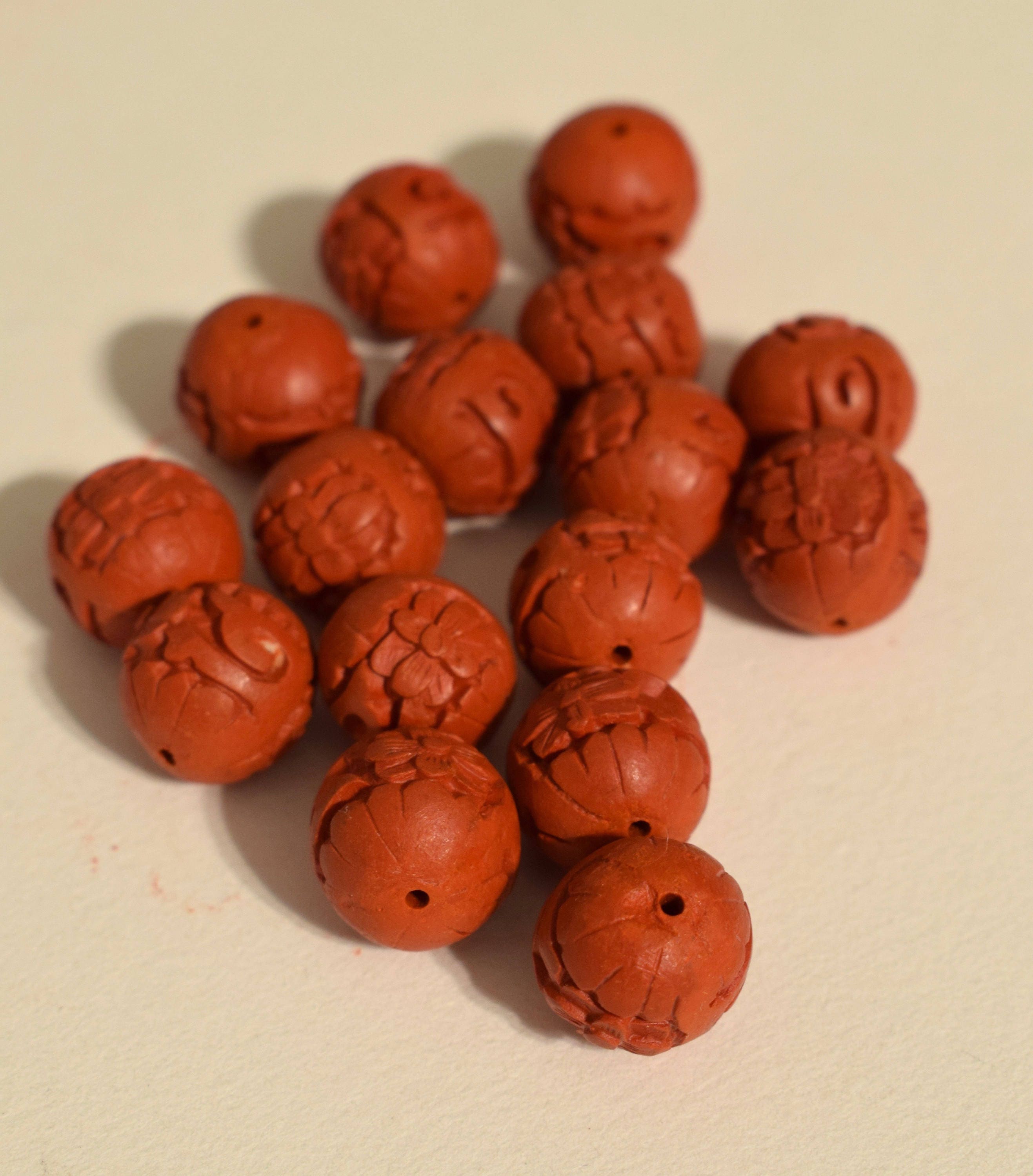 Beads Chinese Red Cinnabar Carved Lacquered Round Beads Cinnabar