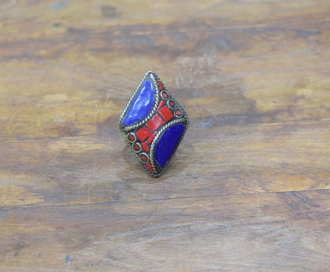 Indian Blue Rings Rings India Brass Inlay Red Blue Diamond Shape Ring - Etsy