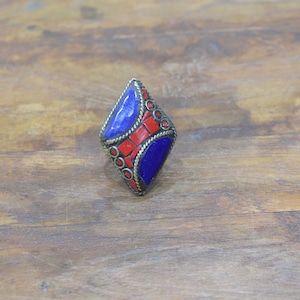 Rings India Brass Inlay Red Blue Diamond Shape Ring