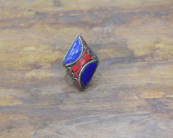 Rings India Brass Inlay Red Blue Diamond Shape Ring