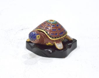 Chinese Cloisonne Turtle Trinket Box on Stand