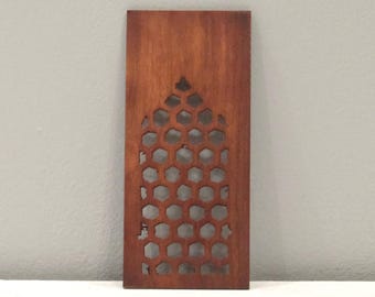 Indian Hand Carved Teak Wood Screen Panel Piece Geometric Design