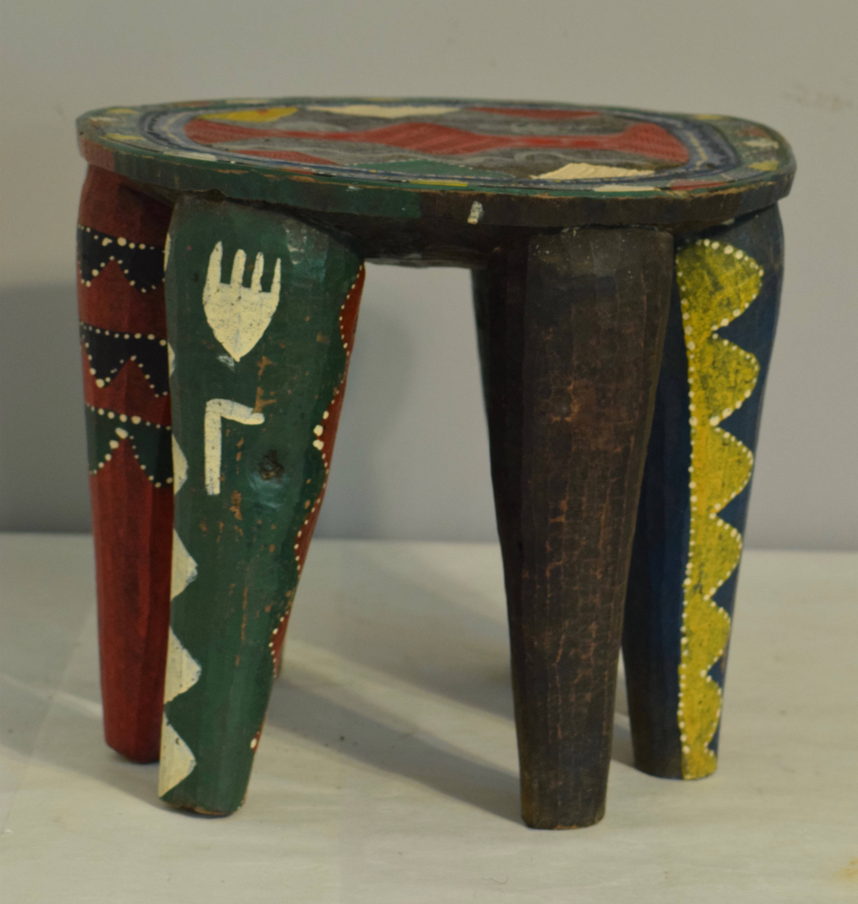African Stool African Nupe Painted Wood Carved Nigeria Colorful Home