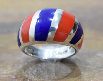 Ring Sterling Silver Blue Red Stripped Ring