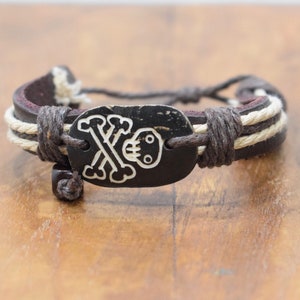 Bracelet Brown Leather Beige Hemp Batik Bone Skull Tie Bracelet
