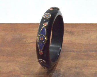 Bracelet Inlaid Stone Lucite Black Bangle Bracelet