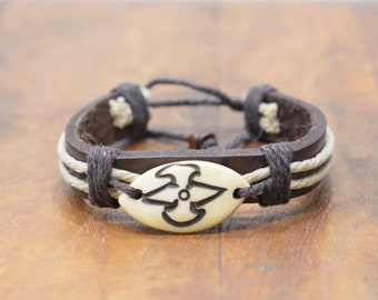 Bracelet Brown Leather Beige Hemp Etched Bone Tie Bracelet