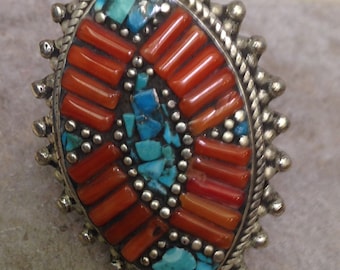 Tibetan Silver Turquoise Coral Ring