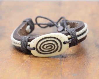 Bracelet Brown Leather Beige Hemp Etched Bone Circle Tie Bracelet