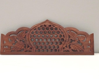 Indian Hand Carved Teak Wood Screen Panel Piece Geometric Floral Design