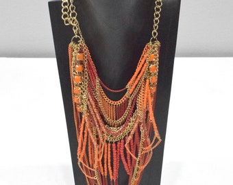 Orange Beaded Mesh Chain Gold Necklace