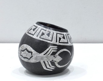 African Black White Etched Gourd Bowl Kamba Kenya