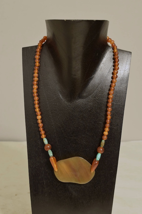 Necklace Brown Indonesian Horn Pendant Beads Turqu