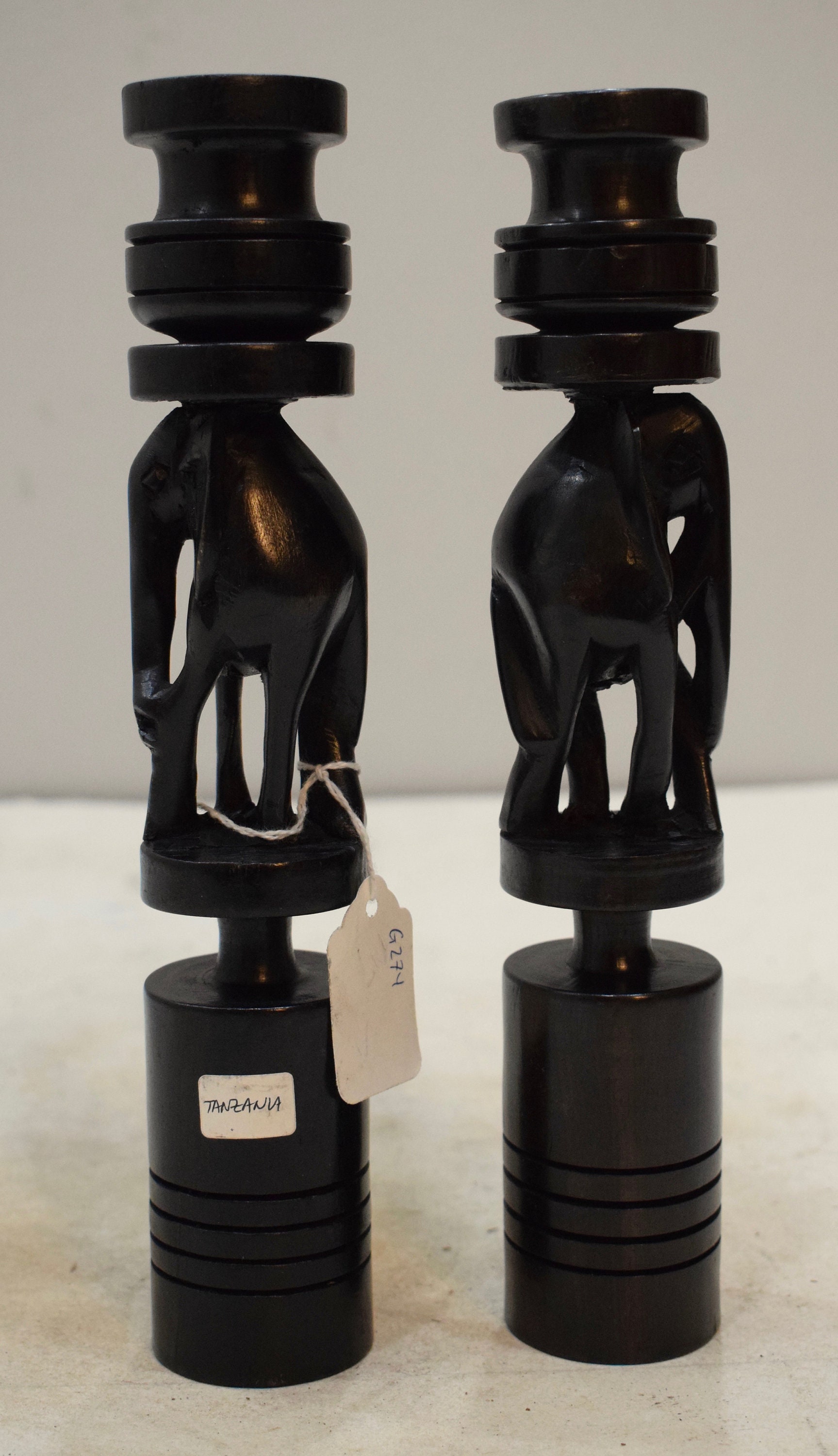 African Candle Holders Pair Ebony Wood Elephant Design Tanzania Candle