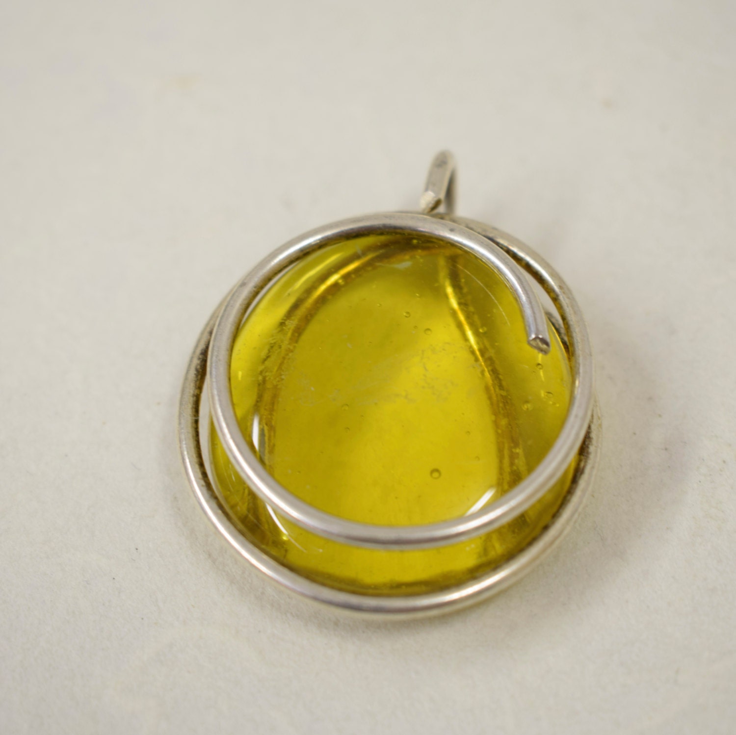 Pendant Silver Large Round Yellow Colored Glass Handmade Glass Silver ...