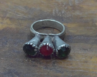 Middle Eastern Silver Three Red Green Glass  Prong Kuchi Ring Size 8