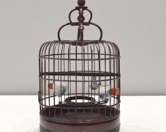 Chinese Wicker Birdcage Porcelain Water Food Bowls Wicker Birdcage