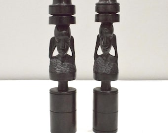 African Candle Stick Pair Ebony Wood Abstract Design Tanzania