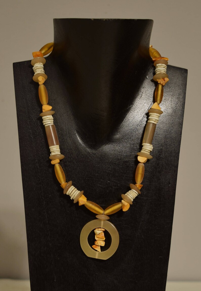 Necklace Baltic Amber Chips African Ostrich Shell Horn Beaded Handmade Horn Jewelry Necklace