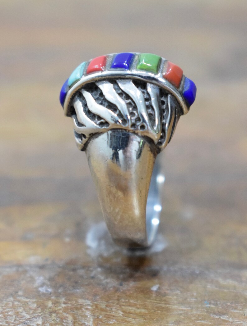 Ring Sterling Silver Inlaid Stone Silver Dome Ring
