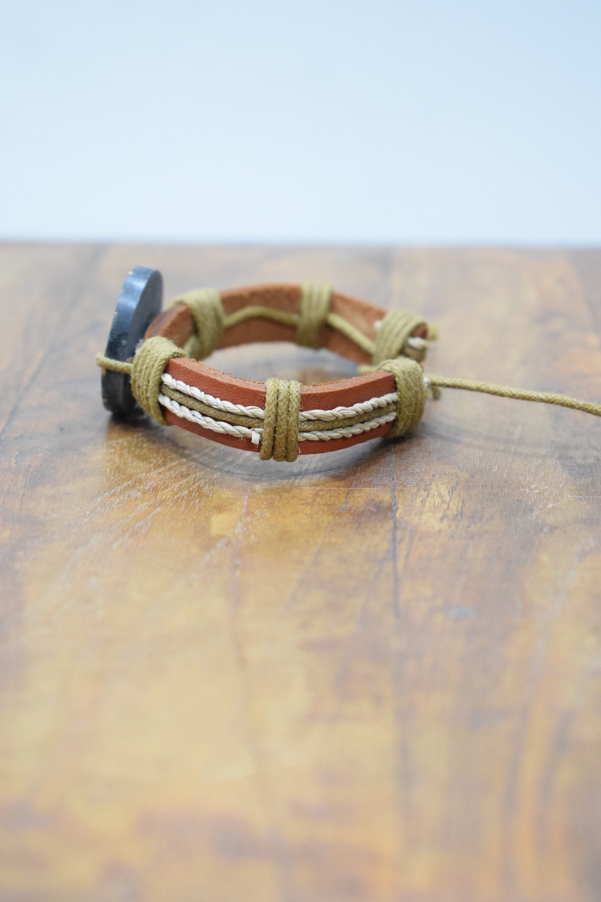 Bracelet Brown Leather Hemp Inlaid Horn Wood Tie Bracelet