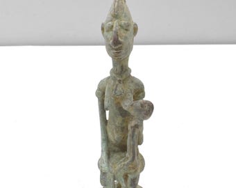 African Ashanti Bronze Mother and Child Statue Weight Ghana