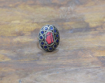 Rings India Brass Inlay Red Blue Oval Shape Ring