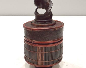Basket Indonesian Palm Leaf Container Animal Wood Carving Top