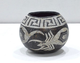 African Black White Etched Gourd Bowl Kamba Kenya