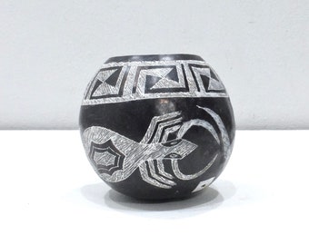 African Black White Etched Gourd Bowl Kamba Kenya