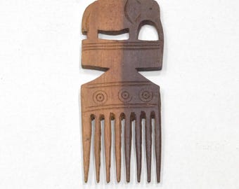 African Wood Hair Pick Carved Elephant