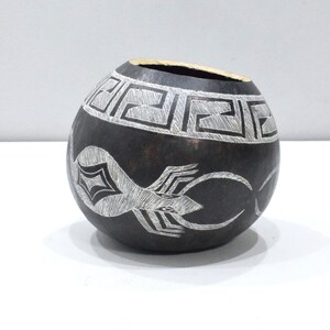 African Black White Etched Gourd Bowl Kamba Kenya