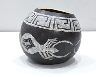 African Black White Etched Gourd Bowl Kamba Kenya