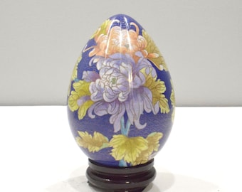 Chinese Flower Design Cloisonne Egg on Stand  8.5"