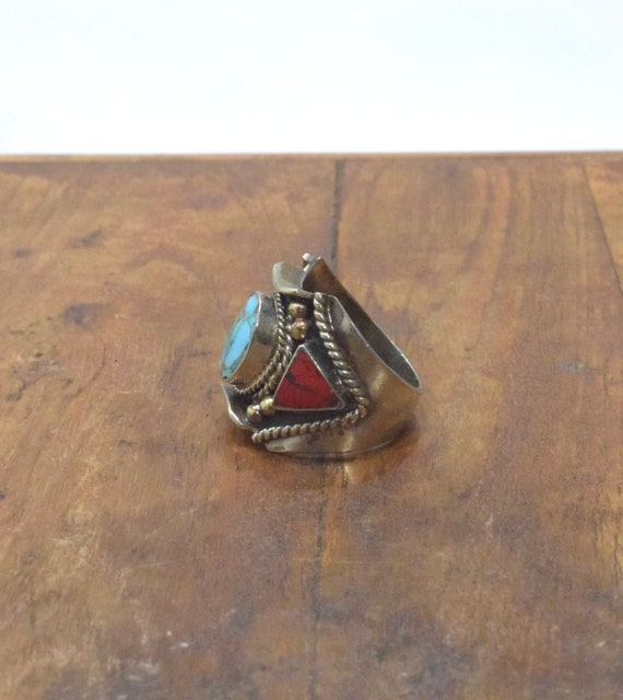 Tibetan Silver Turquoise Coral Ring - image 2