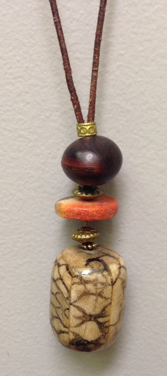 Indonesian Necklace Tiger Eye Coral Cord Pendant … - image 1