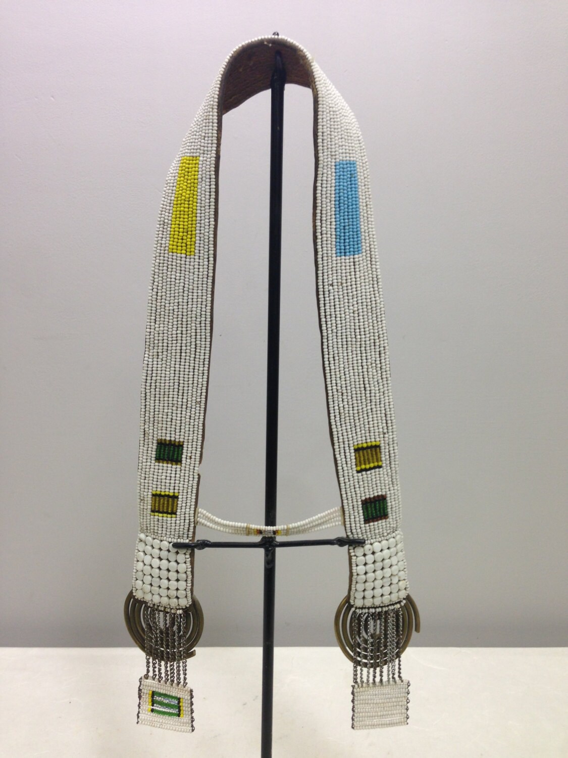 African Collar Masai Tribe Beaded Necklace Brass Coils Leather Kenya