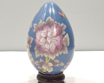 Chinese Flower Design Cloisonne Egg on Stand  8.5"