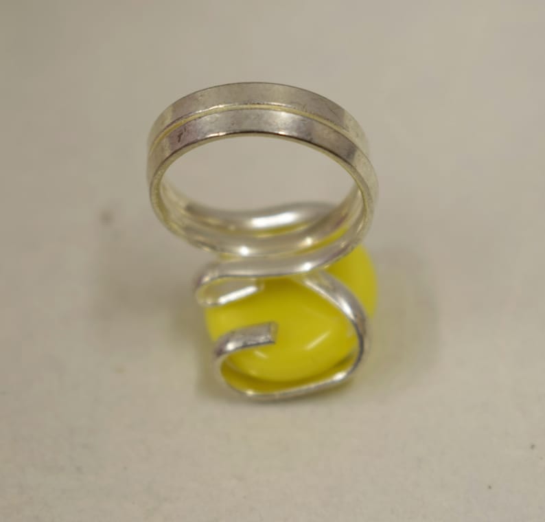 Ring Silver Yellow Colored Glass Handmade Glass Silver Jewelry Ring Fun Yellow Color Glass Unique
