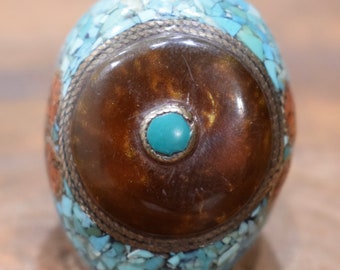 Ring Tibetan Amber Turquoise Coral  ilver Round Inlaid Ring