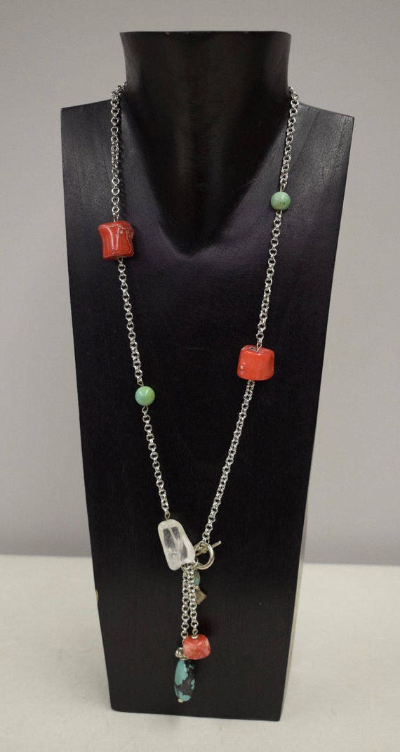 Necklace Silver Chain Chinese Coral Turquoise Crys