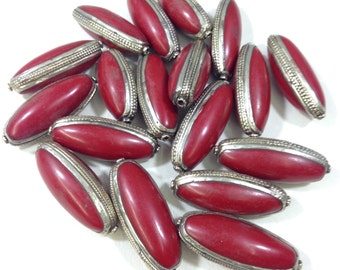 Beads Tibetan Red Coral Large Oval Silver Bead 52mm