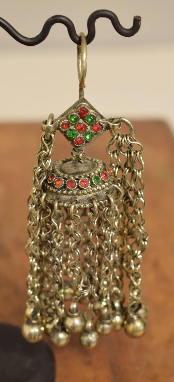 Middle Eastern Dangle Kuchi Silver Single Red Gla… - image 1