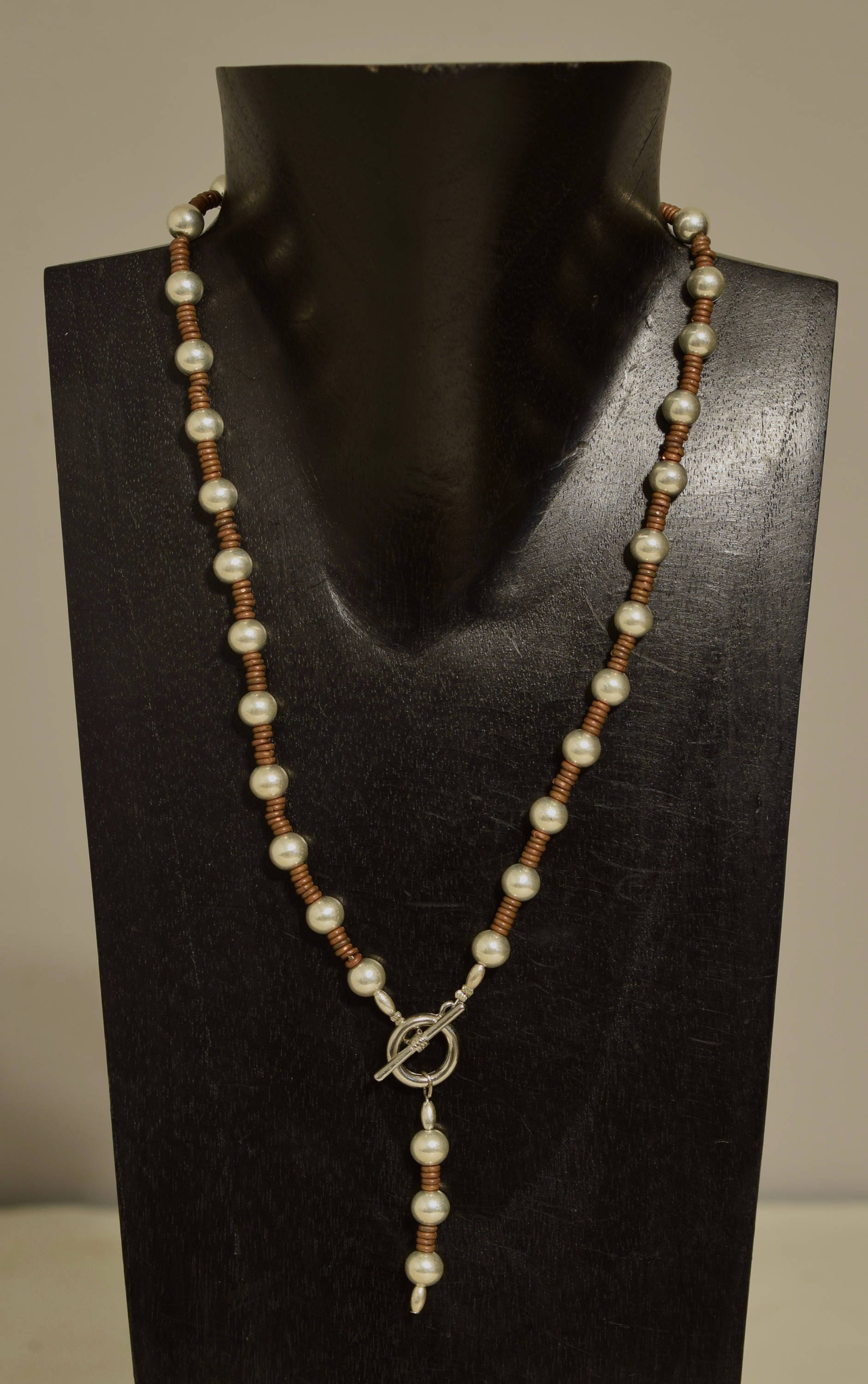 Necklace African Copper Heishi Front Toggle Bright Silver Beaded