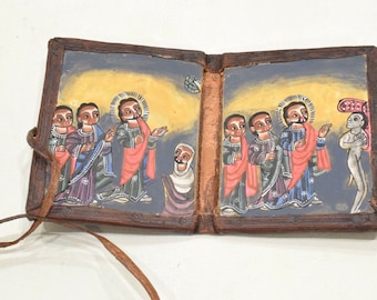 African Ethiopian Orthodox Altar Icon Painted Wood Leather Etched Case
