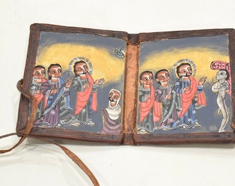 African Ethiopian Orthodox Altar Icon Painted Wood Etched Case